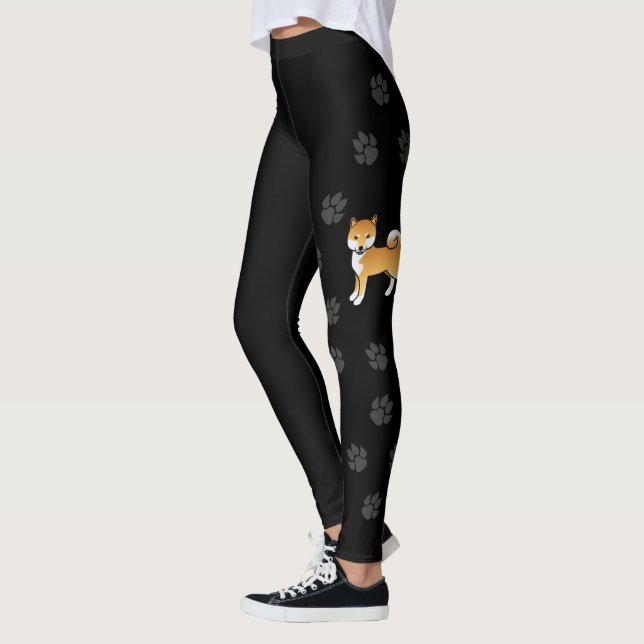 Red Shiba Inu Cute Tecknad hund & Tassar Black Leggings (Vänster)