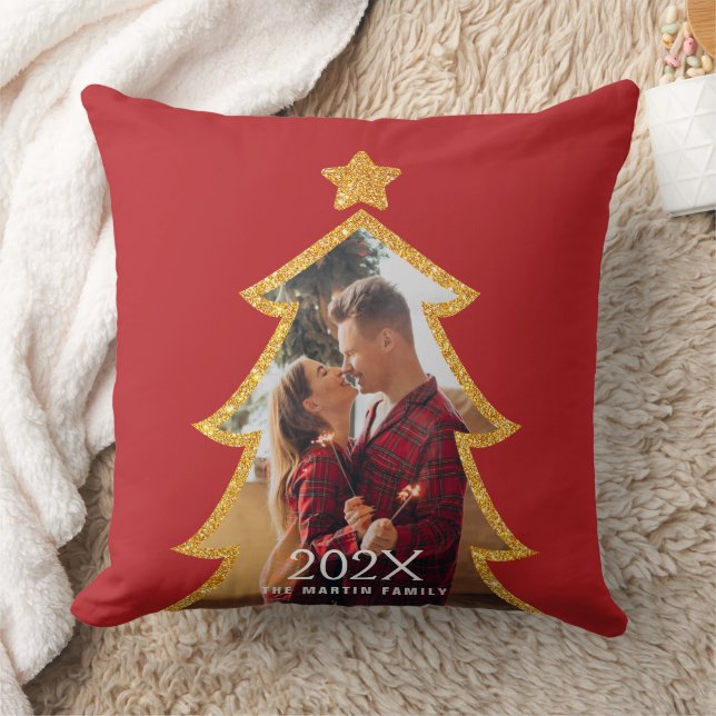 Red Shiny Christmas Tree Personalized Photo Kudde (Filt)