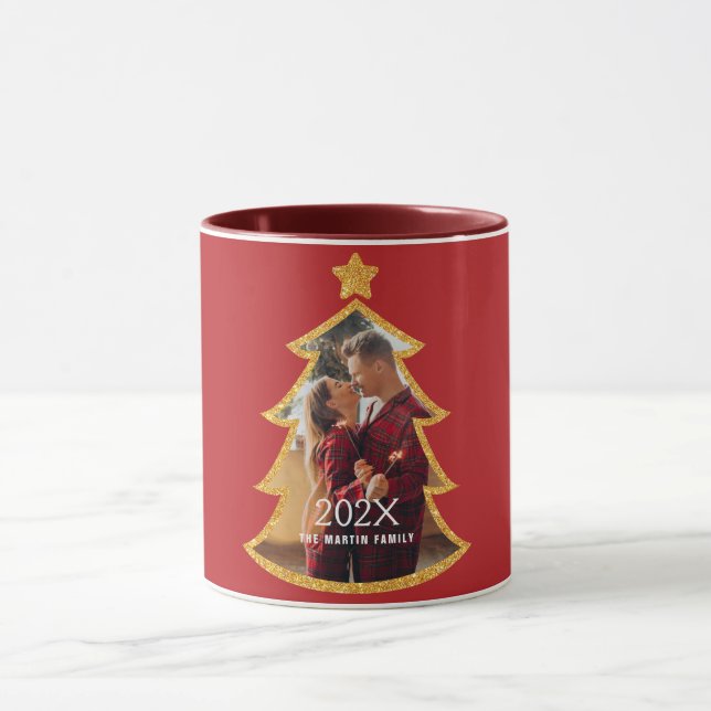 Red Shiny Christmas Tree Personalized Photo Mugg (Center)
