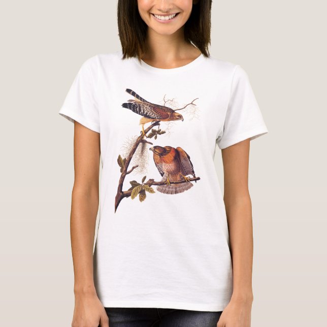 Red Shouled Hawk Audubon Bird of Ber T Shirt (Framsida)