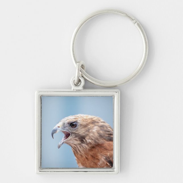 Red Shouled Hawk Fyrkantig Silverfärgad Nyckelring (Framsidan)