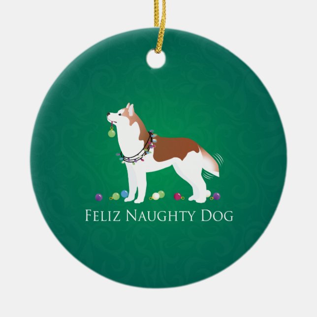 Red Siberian husky Feliz Naughty Hund jul Julgransprydnad Keramik (Framsidan)