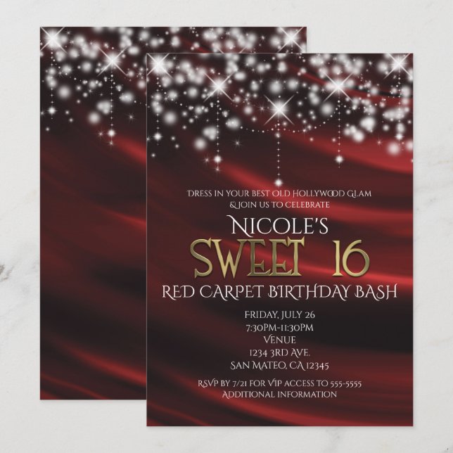 Red Silke & Gnistra Guld Sweet 16 Glam-inbjudninga Inbjudningar (Fram/baksida)