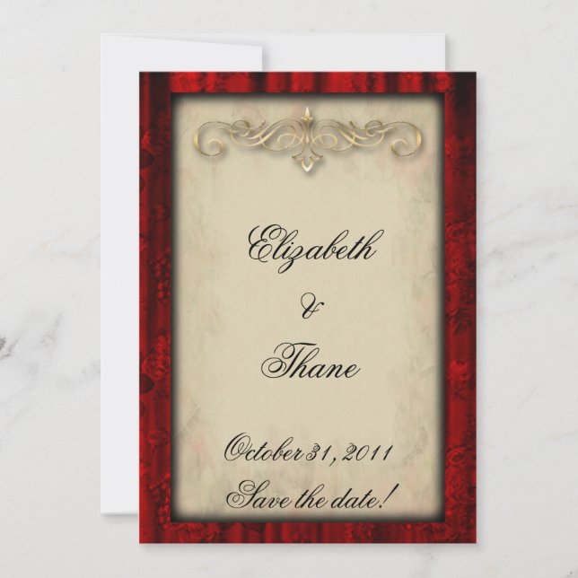 Red Silke och Parchment Gothic Wedding bjudande Spara Datumet (Framsida)