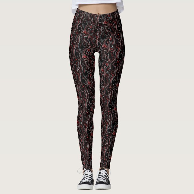 Red Silver Black Vågigt marble Foil Leggings (Framsida)