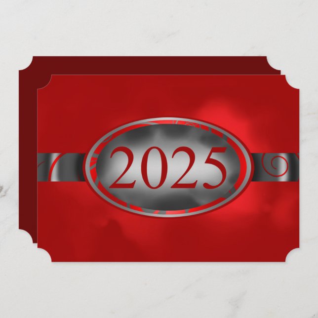 Red & Silver Blommigt Button 2025 Studentfest Inbjudningar (Fram/baksida)