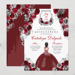 Red & Silver Blommigt Elegant Quinceañera Inbjudningar