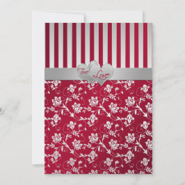 Red Silver Blommigt Hearts Stripe Wedding Bejoudin Inbjudningar