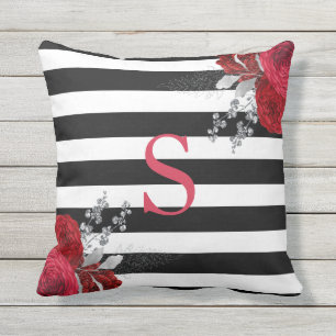 Red Silver Blommigt Monogram Black White Rand Kudde