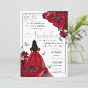 Red & Silver Blommigt Quinceanera Birthday Bjud Inbjudningar