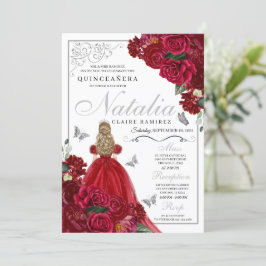 Red & Silver Blommigt Quinceanera Birthday Bjud Inbjudningar