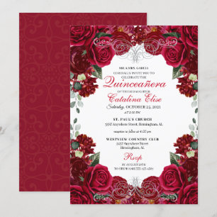 Red & Silver Blommigt Quinceanera Birthday  Inbjudningar