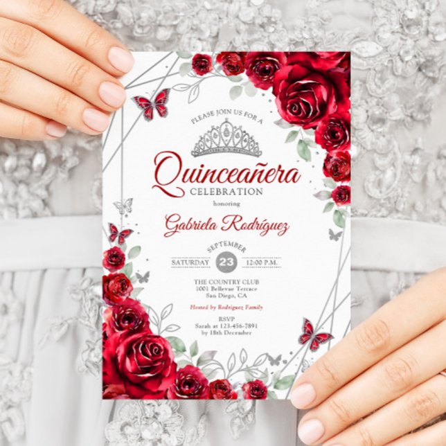 Red Silver Blommigt Quinceanera Inbjudningar (Skapare uppladdad)