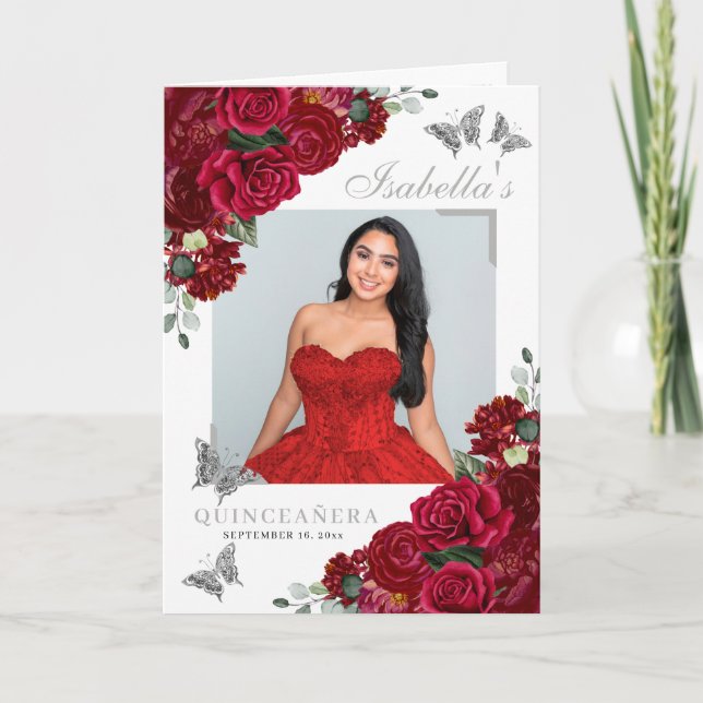 Red & Silver Blommigt Quinceanera Tiara Butterflie Program (Framsida)