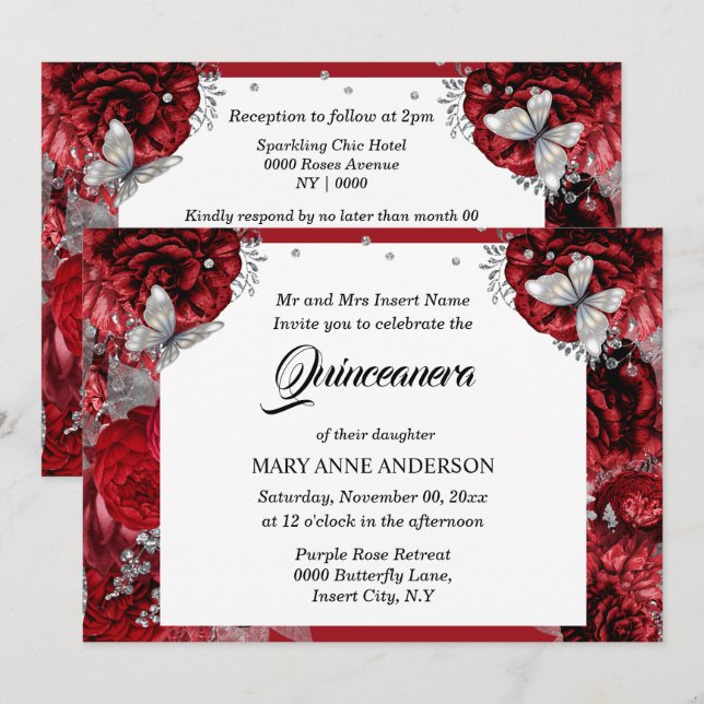 Red silver butterfly elegant ro quinceanera inbjudningar (Fram/baksida)
