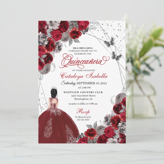 Red Silver Butterfly Princess Quinceanera Inbjudningar (Stående Fram)
