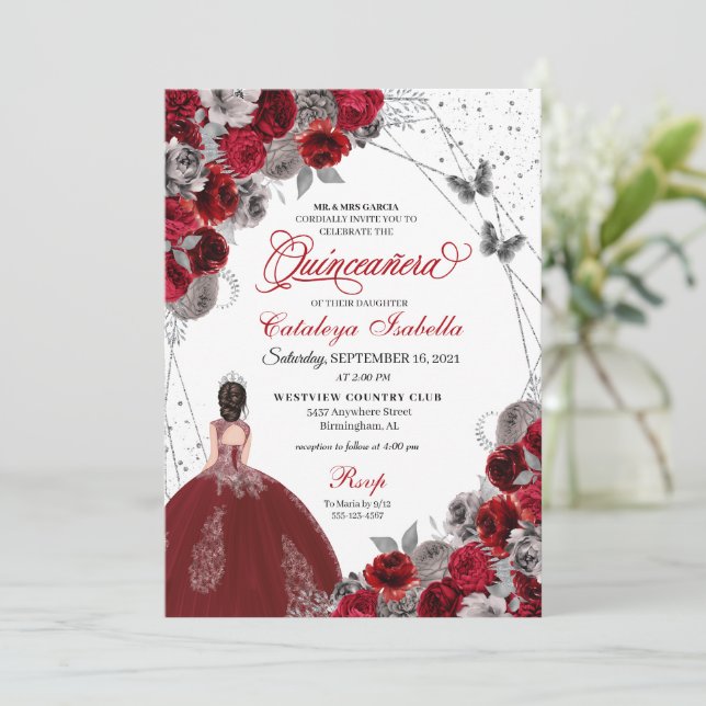 Red Silver Butterfly Princess Quinceanera Inbjudningar (Stående Fram)
