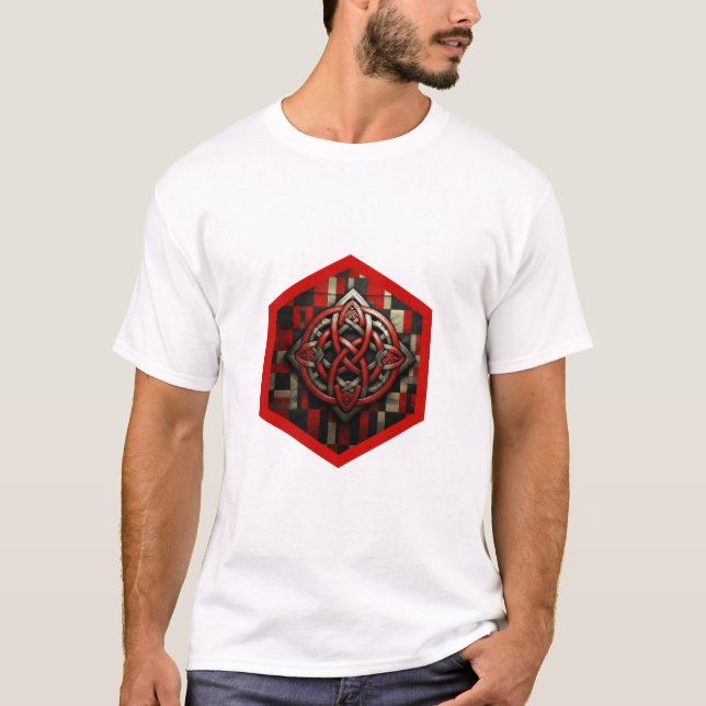 Red & Silver Celtic Knot In A Six Sided Red Frame T Shirt (Framsida)