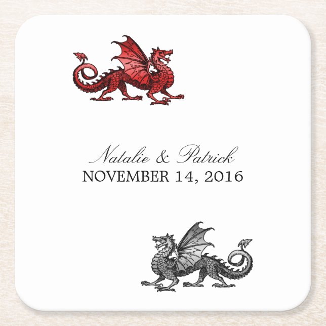 Red Silver Dragon Bröllop Pappra Underlägg Papper Kvadrat (Framsidan)
