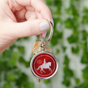 Red Silver Equestrian Horse Monogram Rund Silverfärgad Nyckelring