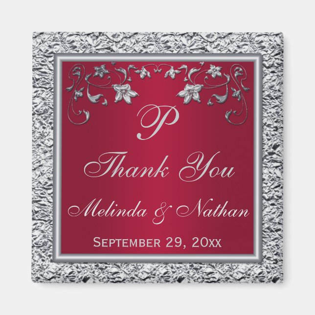 Red, Silver FAUX Foil Blommigt Wedor Magnet (Framsidan)