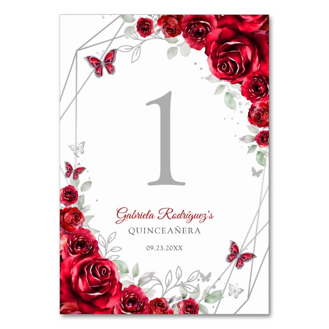 Red Silver Floral Quinceanera Bordsnummer (Framsidan)