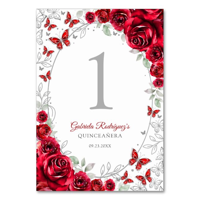 Red Silver Floral Quinceanera Bordsnummer (Framsidan)