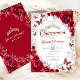 Red Silver Floral Quinceanera Inbjudningar