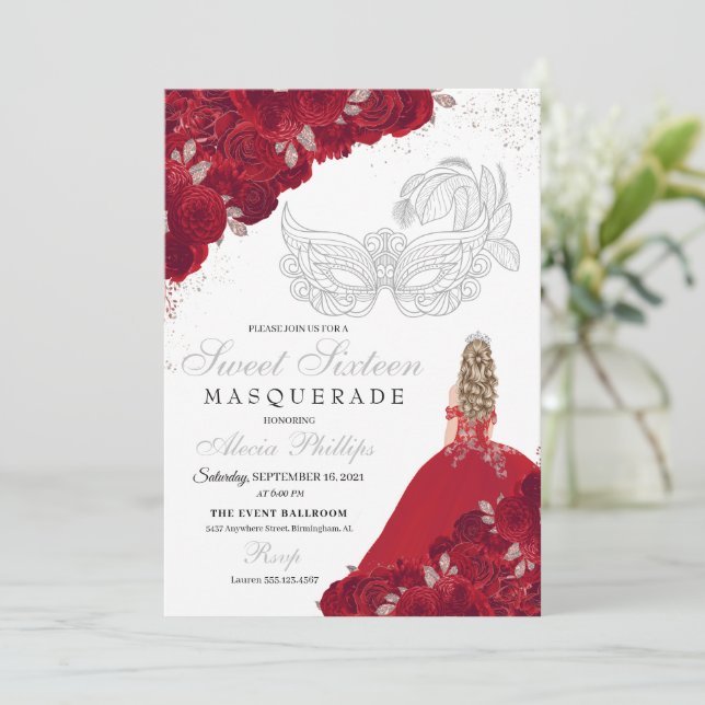 Red & Silver Glitter Sweet 16 maskerad Inbjudningar (Stående Fram)