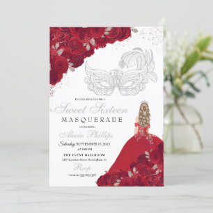 Red & Silver Glitter Sweet 16 maskerad Inbjudningar