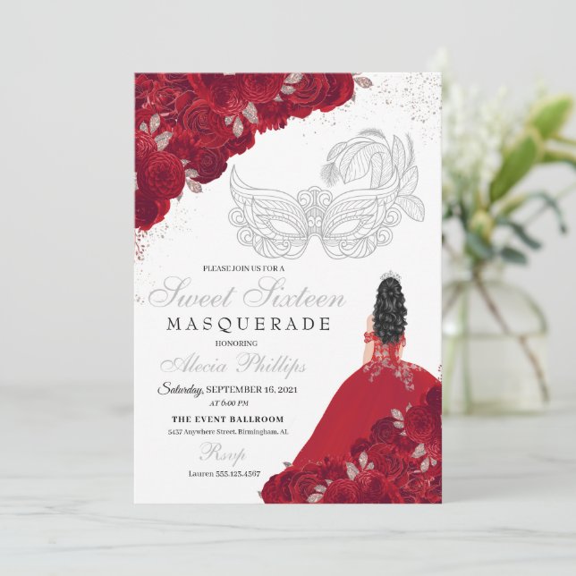 Red & Silver Glitter Sweet 16 maskerad Inbjudningar (Stående Fram)