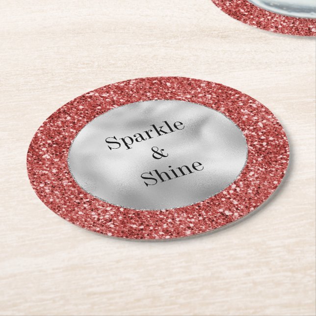 Red Silver Glitter Underlägg Papper Rund (Vinklad)