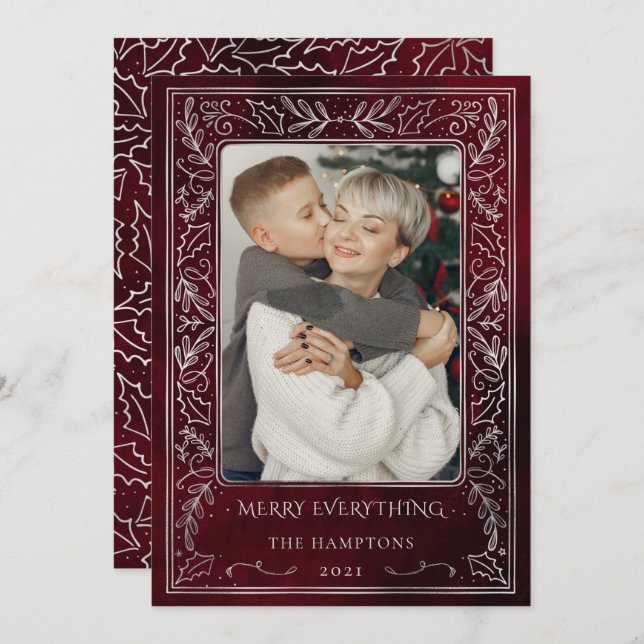 Red Silver Gräs Holly Berry Photo Helgdag Card Julkort (Fram/baksida)