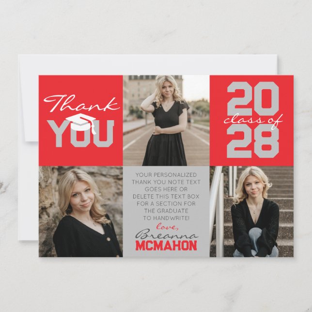 Red & Silver Grått 3 Photo Studenten Tack Inbjudningar (Framsida)