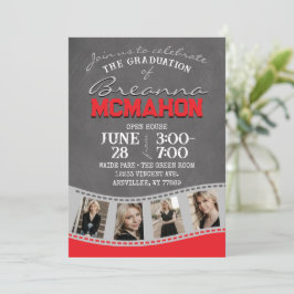 Red & Silver Grått Chalkboard Filmremsa Studenten Inbjudningar