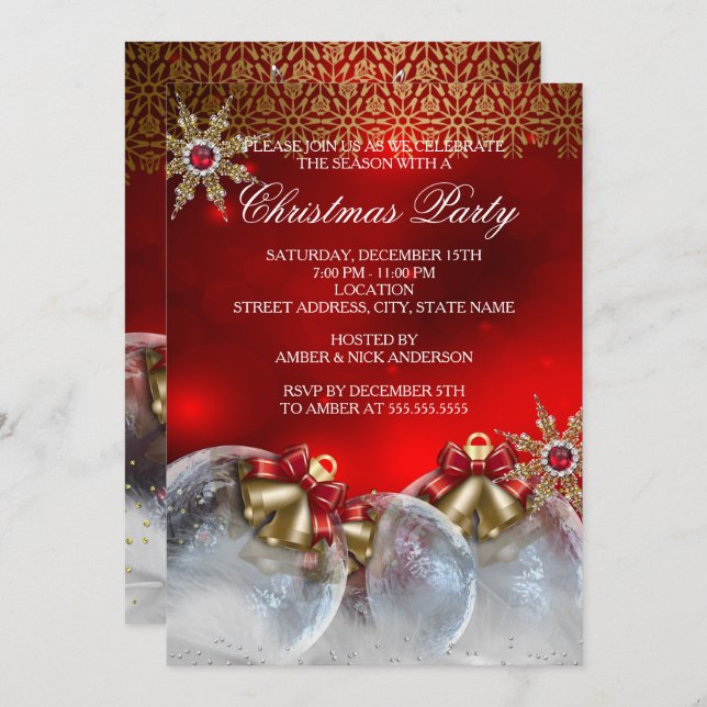 Red Silver Guld Holly Baubles jul Party new3 Inbjudningar (Fram/baksida)