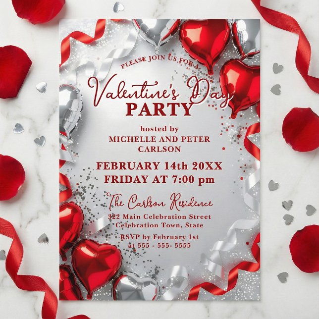 Red Silver Heart Balloons Valentine's Day Party Inbjudningar (Skapare uppladdad)