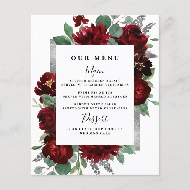 Red & Silver Land Burgundy Ro Bröllop Menus (Framsida)