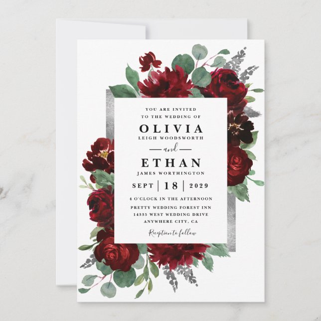 Red & Silver Land Burgundy Ro Winter Wedding Inbjudningar (Framsida)