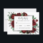 Red & Silver Land Burgundy Ro Winter Wedding OSA Kort<br><div class="desc">Konstruktionen har vattenfärgpeony och ro blommigt inslag i röda och burgunda nyanser över eukalyptus botaniska grey. Mallen innehåller också en utskriven ruta för färgad av silver eller grått för en utökad elegant. Typografin visningar en modern layout med svart text. Visa samlingslänken på den här sidan om du vill söka efter...</div>