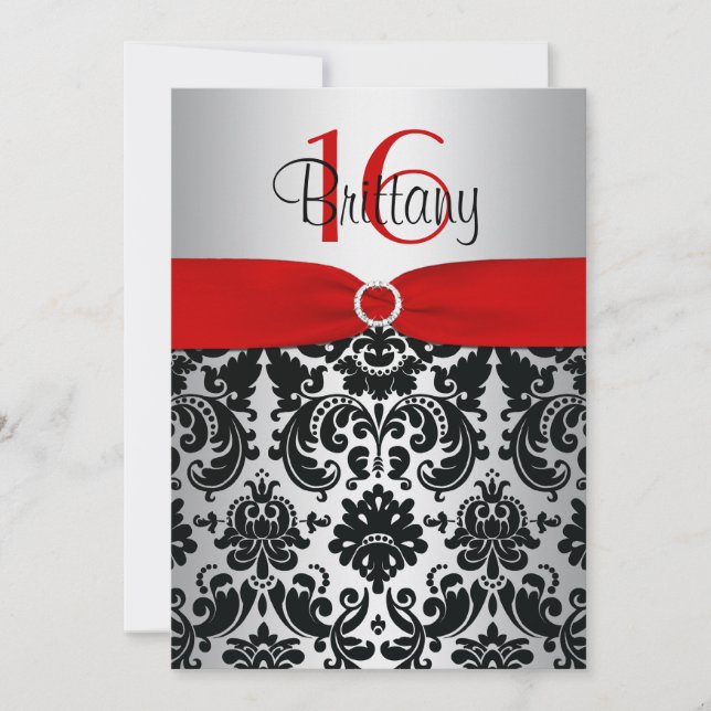 Red, Silver och Black Damask Sweet 16 inbjudningar (Framsida)