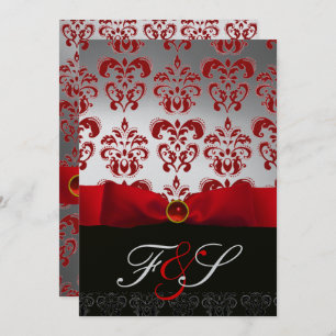 RED SILVER RIBBON & BLACK DAMASK MONOGRAM Ruby Inbjudningar