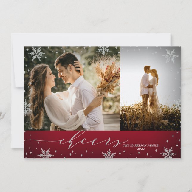 Red & Silver Snöflingor 2 Foton Skål jul Kort (Framsida)