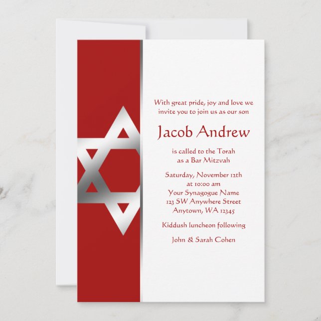 Red Silver Star av David Pub Mitzvah-inbjudan Inbjudningar (Framsida)