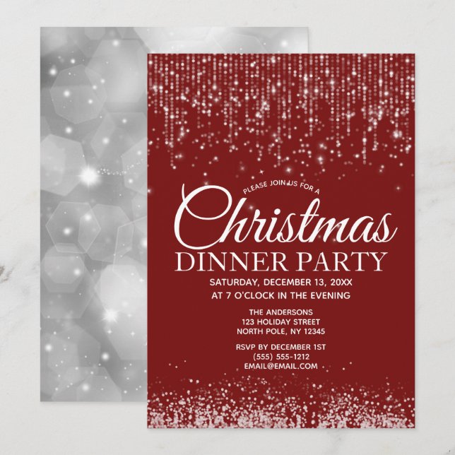Red Silver String Ljus julmiddag Party Inbjudningar (Fram/baksida)