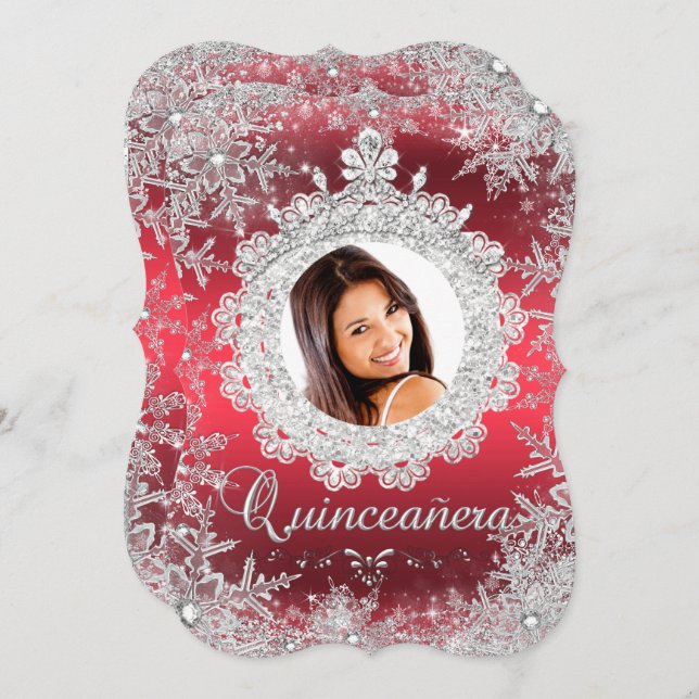 Red Silver Tiara Snowflake Gnistra Quinceanera Inbjudningar (Fram/baksida)