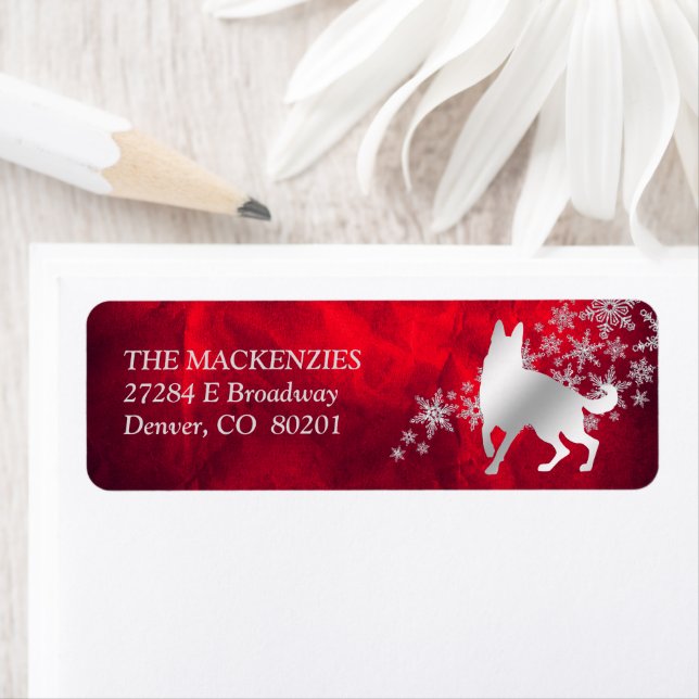Red Silver Winter German Shepherd Hund Adress Returadress Etikett (Insitu)