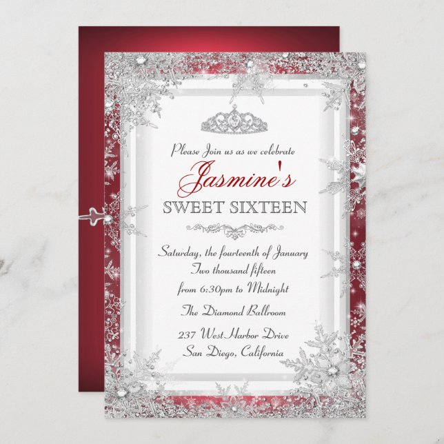 Red Silver Winter Wonderland Sweet 16:e inbjudan (Fram/baksida)