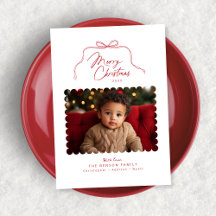 Red Simple Bow Scalloped Photo jul Card