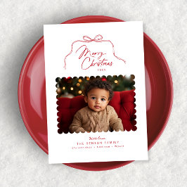 Red Simple Bow Scalloped Photo jul Card Julkort